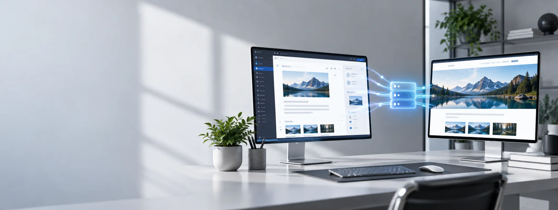 WordPress CMS 編輯畫面連接到公開靜態網站的雙螢幕示意